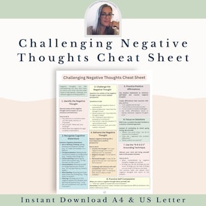 Op de afbeelding: Een printbare cheat sheet met een roze, blauwe en groene kleurschema. De cheat sheet geeft tips voor het aanvechten van negatieve gedachten en omvat stappen zoals het identificeren van de negatieve gedachte, het herformuleren van de negatieve gedachte en het oefenen van zelfcompassie. De titel van de cheat sheet is "Challenging Negative Thoughts Cheat Sheet".