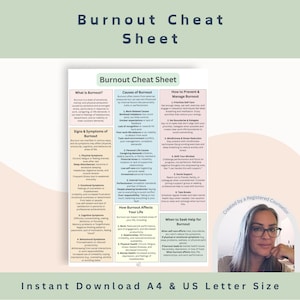 May include: A pink, green, and white printable cheat sheet with the title "Burnout Cheat Sheet". The sheet includes information about the causes, signs, symptoms, and prevention of burnout. It also includes information about how burnout affects your life and when to seek help for burnout. The sheet is created by a registered counsellor.