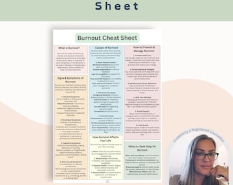 May include: A pink, green, and white printable cheat sheet with the title "Burnout Cheat Sheet". The sheet includes information about the causes, signs, symptoms, and prevention of burnout. It also includes information about how burnout affects your life and when to seek help for burnout. The sheet is created by a registered counsellor.