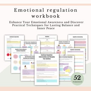 Może przedstawiać: Zeszyt ćwiczeń z zakresu regulacji emocji zawierający 52 arkusze z tytułami takimi jak Emotional Exploration, Setting clear boundaries i Cognitive restructuring. Strony zawierają kolorowe diagramy, ilustracje m&oacute;zgu oraz tekst instruktażowy.