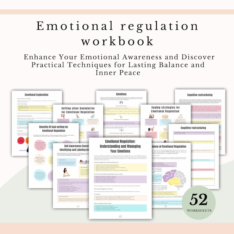 Może przedstawiać: Zeszyt ćwiczeń z zakresu regulacji emocji zawierający 52 arkusze z tytułami takimi jak Emotional Exploration, Setting clear boundaries i Cognitive restructuring. Strony zawierają kolorowe diagramy, ilustracje m&oacute;zgu oraz tekst instruktażowy.