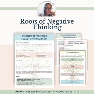 May include: A digital download titled "Roots of Negative Thinking" with several pages of educational content. The pages include titles like "The Roots of Automatic Negative Thinking (ANT)" and "Core Beliefs That Feed Negative Thinking". The download is available in A4 & US sizes.