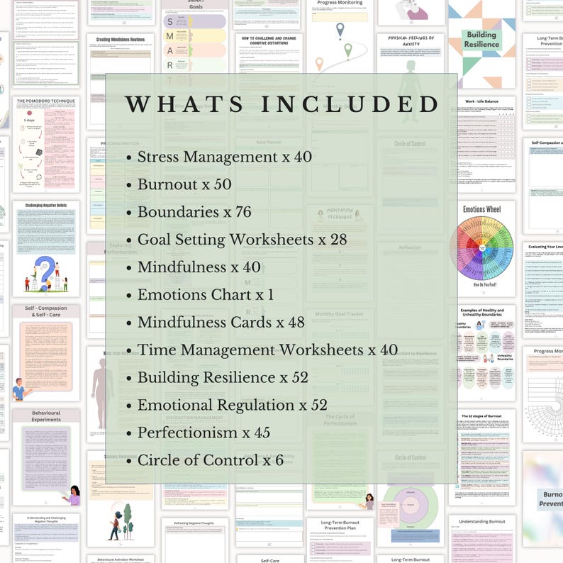 May include: A digital collection of mental health worksheets and resources featuring a list titled WHATS INCLUDED. The list details quantities for Stress Management, Burnout, Boundaries, Goal Setting, Mindfulness, Emotions Chart, Cards, Time Management, Resilience, Emotional Regulation, Perfectionism, and Circle of Control.