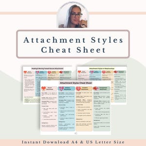 Op de afbeelding: Een digitale download met de titel "Attachment Styles Cheat Sheet". De afbeelding heeft een lichtroze achtergrond met de titel in donkerblauw. Verschillende kleinere vellen beschrijven verschillende hechtingsstijlen, waaronder veilig, angstig, vermijdend en ongeorganiseerd. De tekst "Instant Download A4 & US Letter Size" is ook opgenomen.