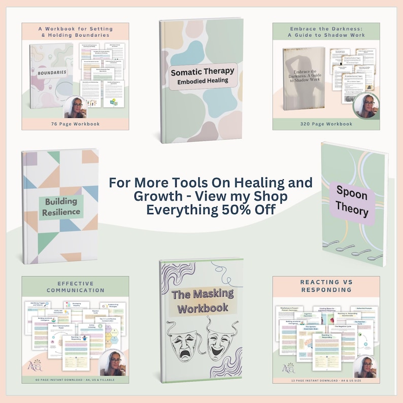 May include: A collection of workbooks with titles including "Boundaries", "Somatic Therapy", "Embrace the Darkness", "Building Resilience", "Spoon Theory", "Effective Communication", "The Masking Workbook", and "Reacting vs Responding". The workbooks are displayed on a light pink background.