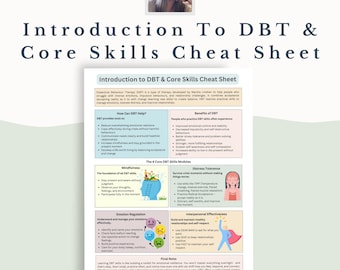 May include: A printable cheat sheet titled "Introduction to DBT & Core Skills" with sections on DBT tools, benefits, and core skills. The document includes the text "Instant Download A4 & US Letter."