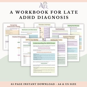 Może przedstawiać: Skoroszyt do p&oacute;źnej diagnozy ADHD, 65-stronicowy plik do natychmiastowego pobrania w formatach A4 i US letter. Dokument zawiera wiele stron z nagł&oacute;wkami takimi jak Understanding the ADHD Brain, Recognising Perfectionistic Thinking.