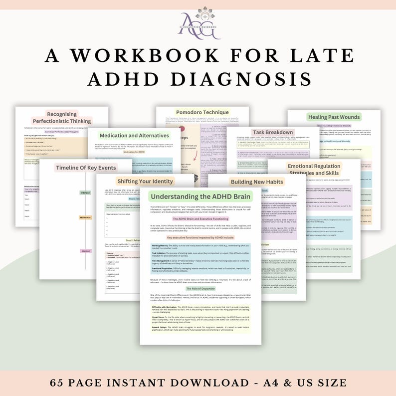 Może przedstawiać: Skoroszyt do p&oacute;źnej diagnozy ADHD, 65-stronicowy plik do natychmiastowego pobrania w formatach A4 i US letter. Dokument zawiera wiele stron z nagł&oacute;wkami takimi jak Understanding the ADHD Brain, Recognising Perfectionistic Thinking.