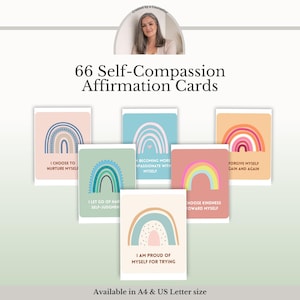May include: A set of 66 self-compassion affirmation cards featuring rainbow illustrations in various pastel colors. Each card displays a unique positive message such as I choose to nurture myself, I let go of harsh self-judgment, and I am proud of myself for trying.