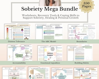 Pacchetto completo per la sobrietà, schede di lavoro per il recupero dalla dipendenza, strumenti per la terapia cognitivo-comportamentale (CBT), piano di prevenzione delle ricadute, quaderno di esercizi per il recupero, PDF sulla salute mentale.