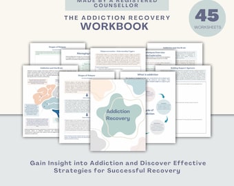 May include: A workbook titled "The Addiction Recovery Workbook" with 45 worksheets. The cover features a light blue and peach colour scheme with a large circle containing the words "Addiction Recovery" in white text. The text "Gain Insight into Addiction and Discover Effective Strategies for Successful Recovery" is at the bottom of the cover.