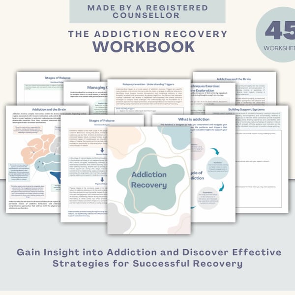 Sucht-Recovery-Arbeitsbuch / Sucht-Recovery für Erwachsene / Therapie-Arbeitsblätter / CBT / Rückfallverhütungs-Plan / Nüchternheits-Arbeitsblätter