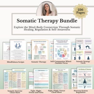 May include: A 236-page Somatic Therapy Bundle featuring educational documents, cheat sheets, and strategy cards. The collection includes guides on the human nervous system, self-compassion wheels, somatic exercises, and nervous system regulation.