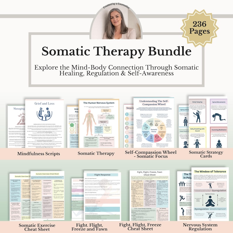 May include: A 236-page Somatic Therapy Bundle featuring educational documents, cheat sheets, and strategy cards. The collection includes guides on the human nervous system, self-compassion wheels, somatic exercises, and nervous system regulation.