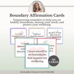 May include: A set of 60 Boundary Affirmation Cards featuring various pastel-colored borders and text. The cards display phrases such as I can set boundaries, I will not abandon myself, and I trust myself to set boundaries that support my wellbeing.