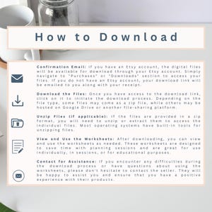 Puede incluir: Un gr&aacute;fico con instrucciones sobre c&oacute;mo descargar archivos digitales de Etsy. El gr&aacute;fico incluye iconos para correo electr&oacute;nico, una flecha de descarga, una carpeta, un l&aacute;piz y un sobre. El texto incluye las frases "Correo electr&oacute;nico de confirmaci&oacute;n", "Descargar los archivos", "Descomprimir los archivos", "Ver y usar las hojas de trabajo" y "Contactar para obtener ayuda".
