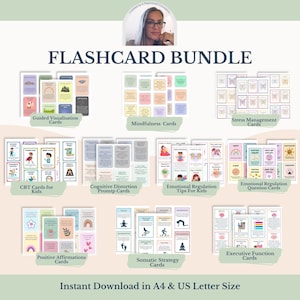 Op de afbeelding: Een verzameling flashcards met diverse thema's, waaronder geleide visualisatie, mindfulness en cognitieve gedragstherapie voor kinderen. De kaarten bevatten kleurrijke illustraties en tekst, met de titel "FLASHCARD BUNDLE" bovenaan.
