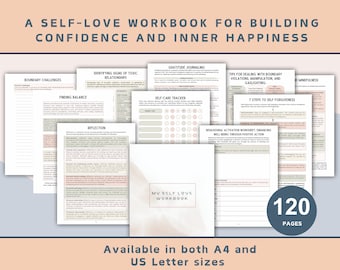May include: A self-love workbook with 120 pages, featuring sections on boundary challenges, finding balance, gratitude journaling, identifying signs of toxic relationships, self-care tracker, tips for dealing with boundary violations, manipulation and gaslighting, mindfulness, 7 steps to self-forgiveness, behavioral activation worksheet, enhancing well-being through positive action. The workbook is available in both A4 and US Letter sizes.