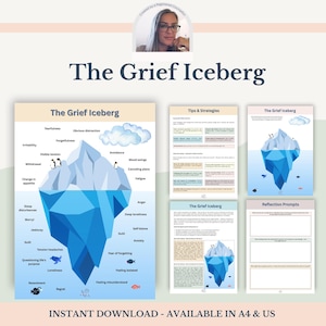Può includere: Un download digitale intitolato "The Grief Iceberg" con un grafico a iceberg che illustra varie emozioni. Include pagine "Suggerimenti e strategie" e "Richieste di riflessione". Il testo include "Download istantaneo - Disponibile in A4 e US".