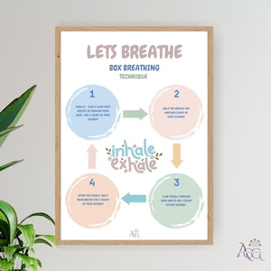 Box Breathing Technique Poster: Mindfulness Therapy Decor (PDF)