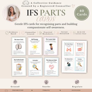 May include: A set of 40 IFS parts cards created by a registered counsellor. The cards feature text and illustrations for recognizing parts and building self-awareness, including titles like The Inner Critic, Self-Energy, and The Lonely Child.