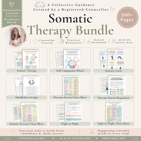 Somatic Therapy Bundle, Nervous System Regulation Worksheets, Trauma Healing & Grounding Exercises, Mental Health PDF
