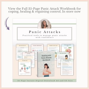 May include: A digital workbook titled "Panic Attacks" with the text "Practical tools to manage panic attacks with confidence." The workbook includes 35 pages and is available in A4 and US sizes. The cover features an illustration of a person.