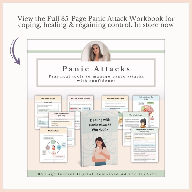 May include: A digital workbook titled "Panic Attacks" with the text "Practical tools to manage panic attacks with confidence." The workbook includes 35 pages and is available in A4 and US sizes. The cover features an illustration of a person.