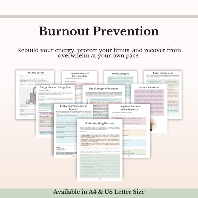 May include: A collection of printable documents titled Burnout Prevention, featuring pages on The Leaky Bucket, Energy Drain vs. Energy Gain, The 12 Stages of Burnout, Identifying Triggers, Stress Management, and Cognitive Restructuring in US Letter size.