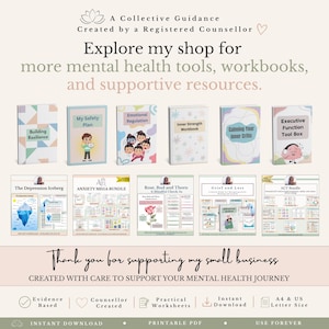 May include: A collection of mental health workbooks and digital resources featuring titles like Building Resilience, My Safety Plan, Emotional Regulation, Inner Strength Workbook, Calming Your Inner Critic, and Executive Function Tool Box, with text.