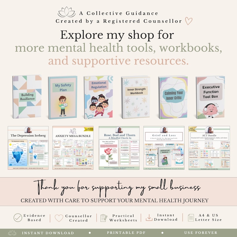 May include: A collection of mental health workbooks and digital resources featuring titles like Building Resilience, My Safety Plan, Emotional Regulation, Inner Strength Workbook, Calming Your Inner Critic, and Executive Function Tool Box, with text.