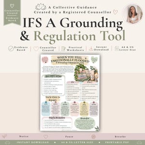 Peut inclure: Un guide numérique imprimable intitulé IFS A Grounding & Regulation Tool, présentant du texte sur la submersion émotionnelle, une liste d'actions à faire et à ne pas faire, et des étapes pour se réguler. Inclut des illustrations de livres.