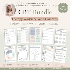 May include: A 150-page CBT bundle of therapy worksheets and flashcards in A4 and US Letter size. The digital collection includes various printable pages such as a sleep tracker, weekly planner, gratitude jar, and cognitive behavioural model diagrams.