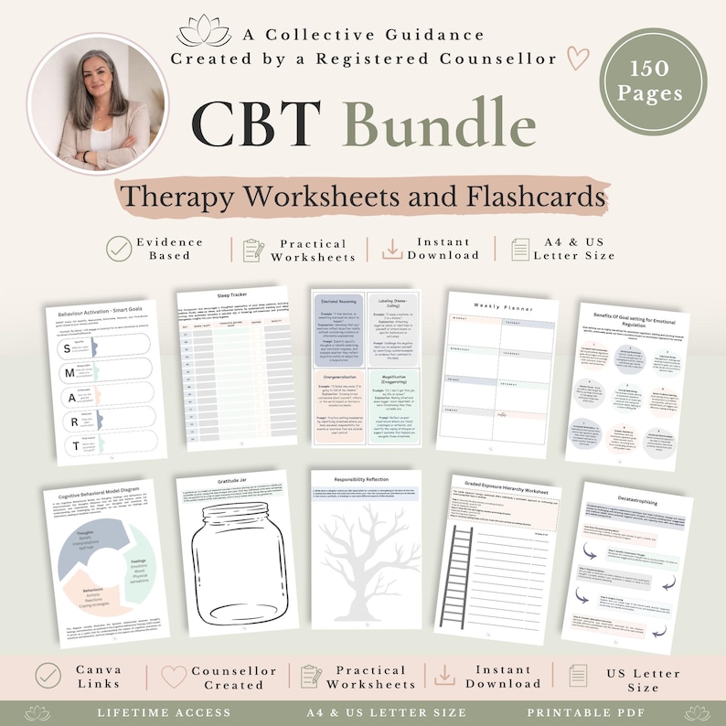 May include: A 150-page CBT bundle of therapy worksheets and flashcards in A4 and US Letter size. The digital collection includes various printable pages such as a sleep tracker, weekly planner, gratitude jar, and cognitive behavioral model diagrams.