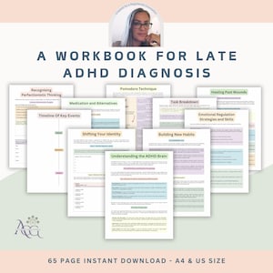 Puede incluir: Un cuaderno de trabajo titulado "A Workbook for Late ADHD Diagnosis" con varias hojas de trabajo sobre temas como el perfeccionismo, la medicación y el desglose de tareas. La imagen incluye el texto "65 PAGE INSTANT DOWNLOAD - A4 & US SIZE".