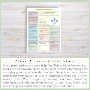 May include: A white and green "Panic Attacks Cheat Sheet" with detailed information on managing panic attacks. The sheet includes sections on symptoms, calming techniques, and what not to do. The text is easy to read and organized.