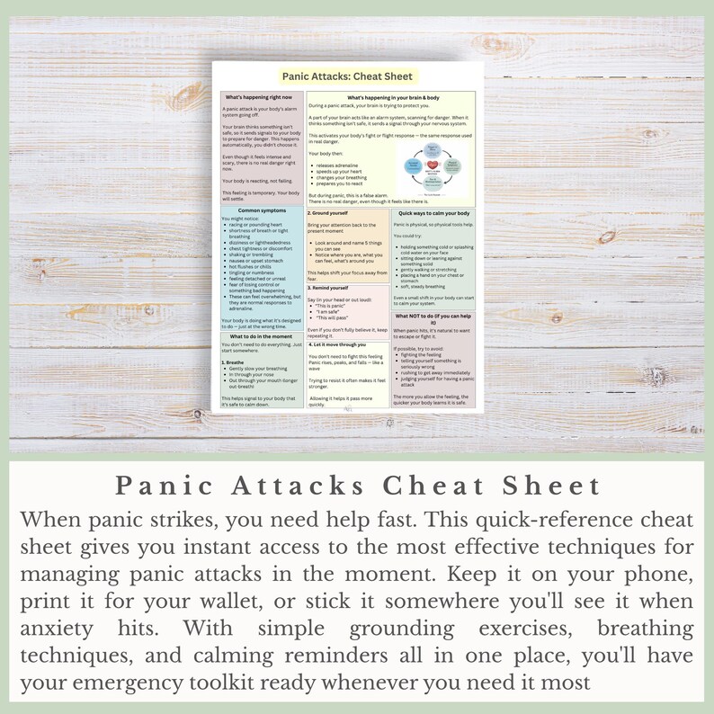 May include: A white and green "Panic Attacks Cheat Sheet" with detailed information on managing panic attacks. The sheet includes sections on symptoms, calming techniques, and what not to do. The text is easy to read and organized.