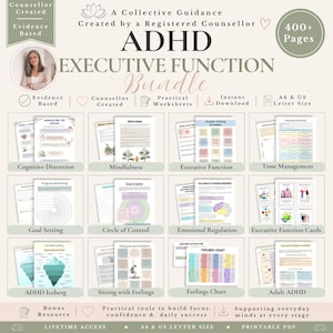 ADHD-arbetsbok, paket med exekutiva funktioner, ADHD-planerare, fokus- och produktivitetsarbetsblad, emotionell reglering i PDF-format