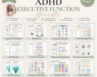 ADHD-arbetsbok, paket med exekutiva funktioner, ADHD-planerare, fokus- och produktivitetsarbetsblad, emotionell reglering i PDF-format