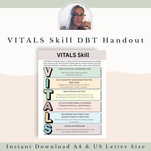 May include: A handout titled "VITALS Skill DBT Handout" with a woman's photo at the top. The handout lists steps to reduce impulsive behavior, including treating physical vulnerabilities and taking opposite action. The text is in black and the background is light.