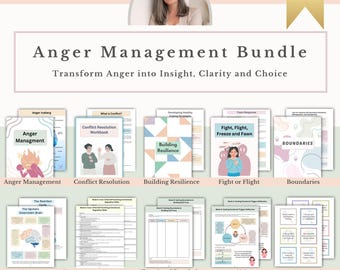 Paquete de hojas de trabajo para el manejo de la ira en formato PDF, actividades de regulación emocional, límites y asertividad, materiales imprimibles para la resolución de conflictos.