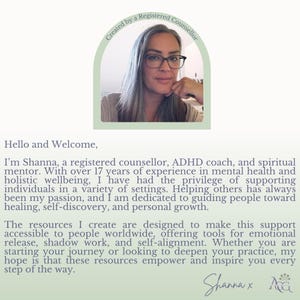 May include: Image shows a woman with glasses, with text above saying "Created by a Registered Counsellor." Below, the text reads "Hello and Welcome, I'm Shanna, a registered counsellor..." and describes her work in mental health and holistic wellbeing.