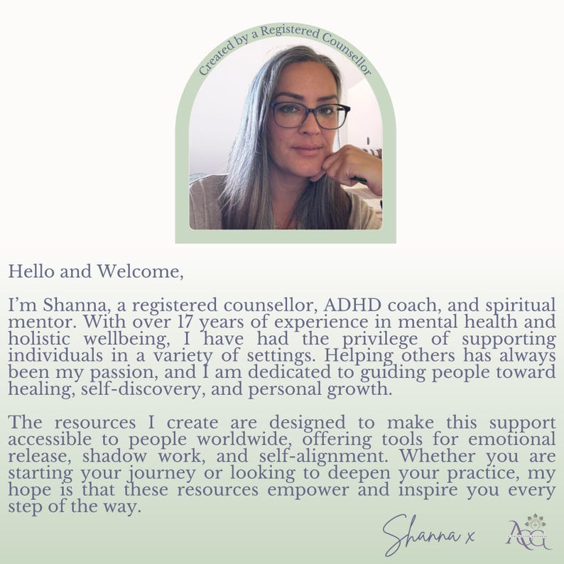 May include: Image shows a woman with glasses, with text above saying "Created by a Registered Counsellor." Below, the text reads "Hello and Welcome, I'm Shanna, a registered counsellor..." and describes her work in mental health and holistic wellbeing.