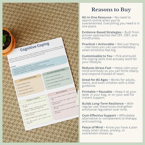 May include: A printed guide titled "Cognitive Coping" with text and bullet points on stress management and mental well-being. The guide is on a white background with a small potted plant in the corner.