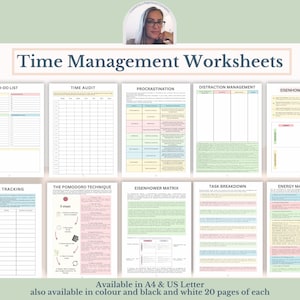 May include: A set of 20 printable time management worksheets in color and black and white. The worksheets include titles such as "To-Do List", "Time Audit", "Procrastination", "Distraction Management", "Eisenhower Matrix", "The Pomodoro Technique", "Task Breakdown", and "Energy Management".