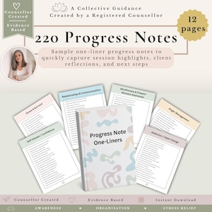 Therapy Progress Notes, 220 Counselling Notes for Therapists, Progress Note Statements, Clinical Documentation, Therapist Resources PDF
