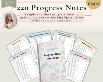 May include: A 12-page set of 220 progress notes for counsellors, featuring a central booklet titled Progress Note One-Liners with pastel abstract shapes. Surrounding pages cover topics like Stress & Burnout, Relationships & Communication, Mindfulness, Anger Management, Self-Esteem, and Addiction.