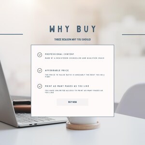 May include: A white laptop computer with a white mug on a white table. The laptop screen shows a pop-up window with three checkmarks and the text "WHY BUY" in blue. The text below the checkmarks reads "PROFESSIONAL CONTENT", "AFFORDABLE PRICE", and "PRINT AS MANY PAGES AS YOU LIKE". A blue button with the text "BUY NOW" is at the bottom of the pop-up window.