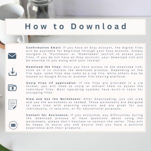 Pu&ograve; includere: Una grafica bianca con il titolo "How to Download" in un carattere blu scuro. L'immagine fornisce istruzioni per il download di file digitali da Etsy, tra cui e-mail di conferma, download di file, decompressione di file e visualizzazione di fogli di lavoro.