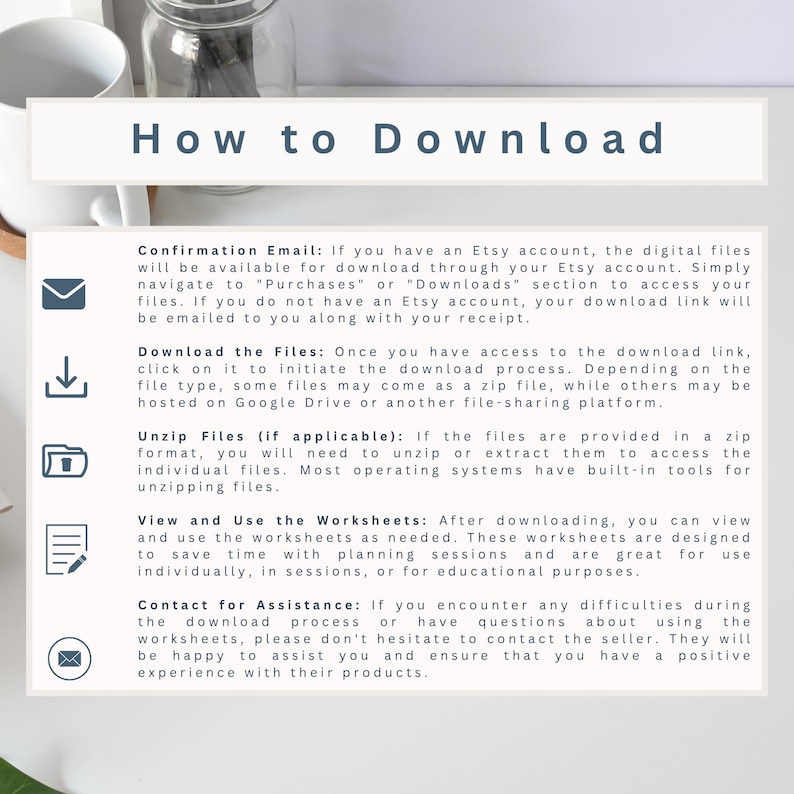 Pu&ograve; includere: Una grafica bianca con il titolo "How to Download" in un carattere blu scuro. L'immagine fornisce istruzioni per il download di file digitali da Etsy, tra cui e-mail di conferma, download di file, decompressione di file e visualizzazione di fogli di lavoro.